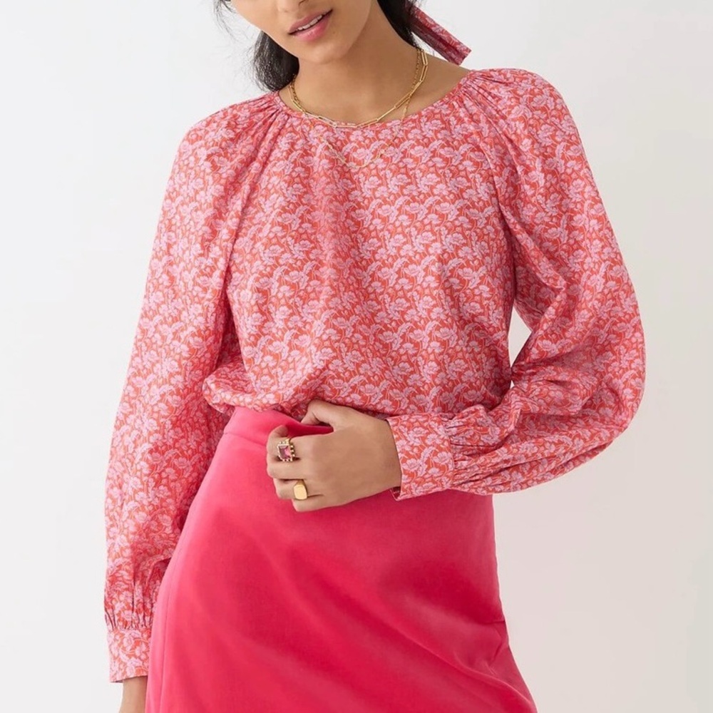 J. Crew X Liberty of London Fabric Coral Puff Sleeve Scoop Neck Top